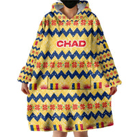 Chad Christmas Wearable Blanket Hoodie with Yellow-Blue Geometric Design, National Coat of Arms, and Festive Motif - Wonder Print Shop
