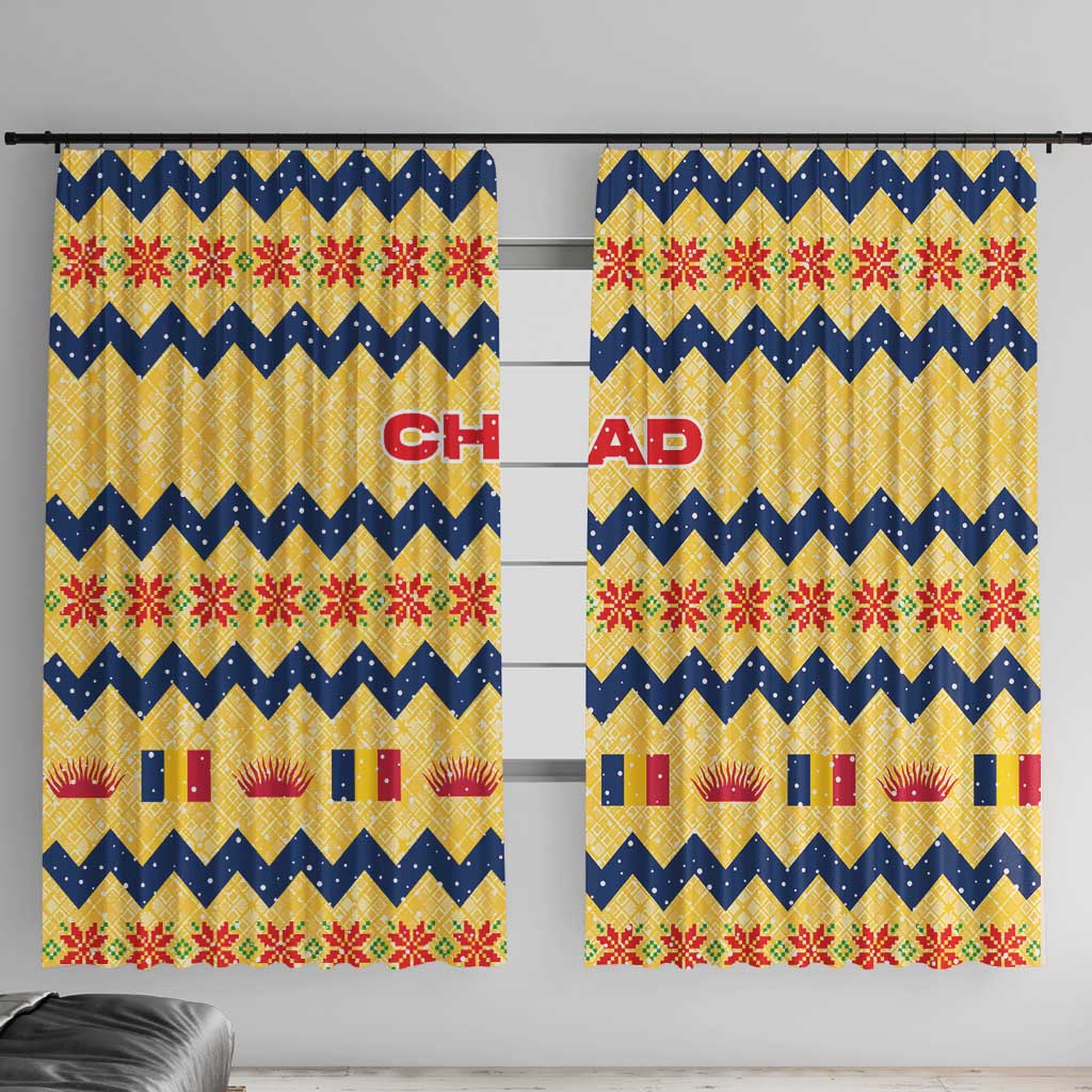 Chad Christmas Window Curtain with Yellow-Blue Geometric Design, National Coat of Arms, and Festive Motif - Wonder Print Shop