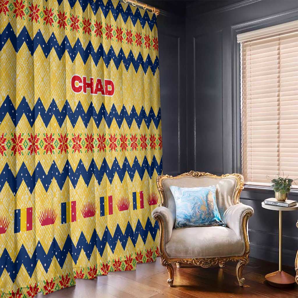 Chad Christmas Window Curtain with Yellow-Blue Geometric Design, National Coat of Arms, and Festive Motif - Wonder Print Shop