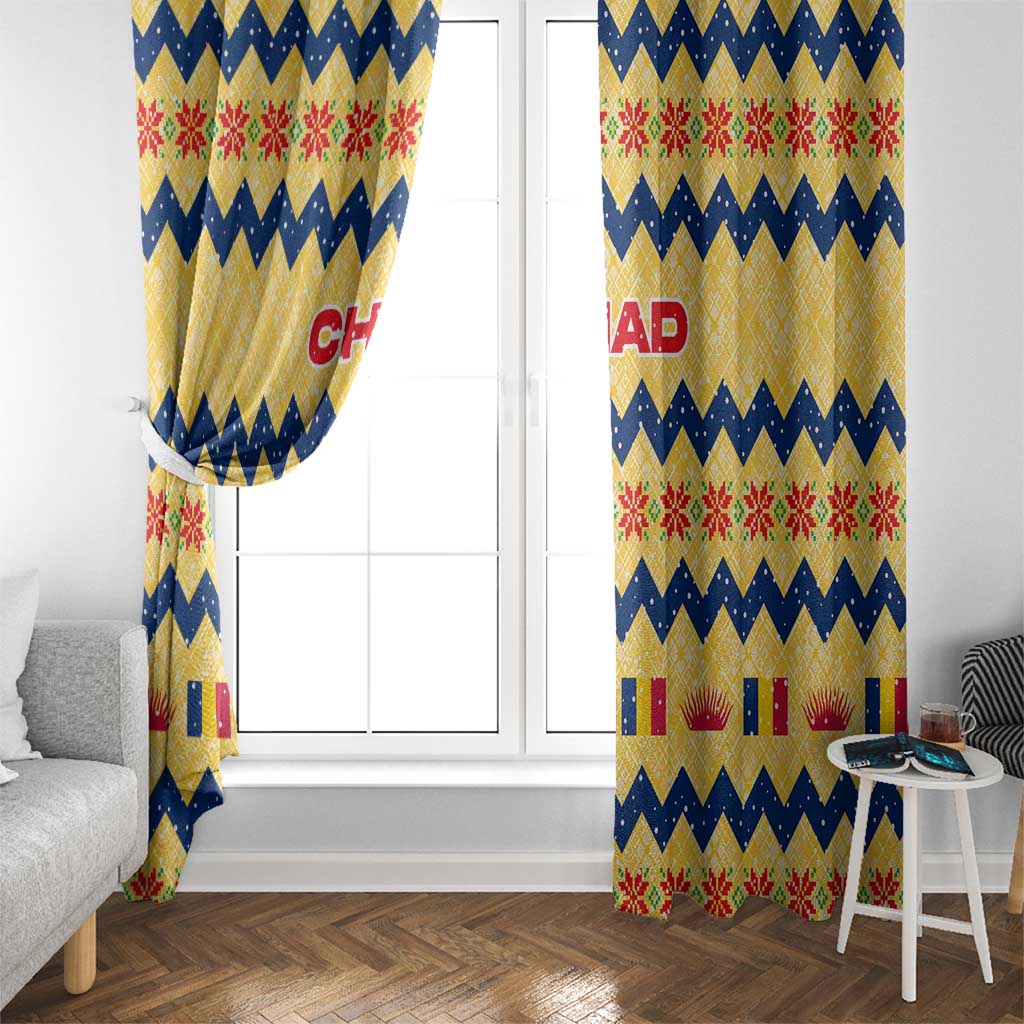 Chad Christmas Window Curtain with Yellow-Blue Geometric Design, National Coat of Arms, and Festive Motif - Wonder Print Shop
