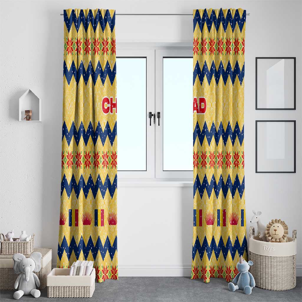 Chad Christmas Window Curtain with Yellow-Blue Geometric Design, National Coat of Arms, and Festive Motif - Wonder Print Shop