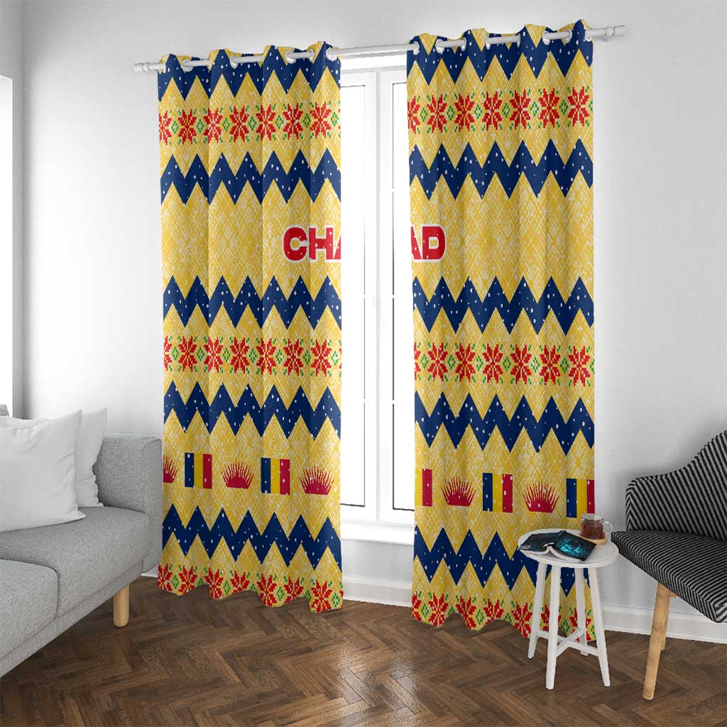 Chad Christmas Window Curtain with Yellow-Blue Geometric Design, National Coat of Arms, and Festive Motif - Wonder Print Shop