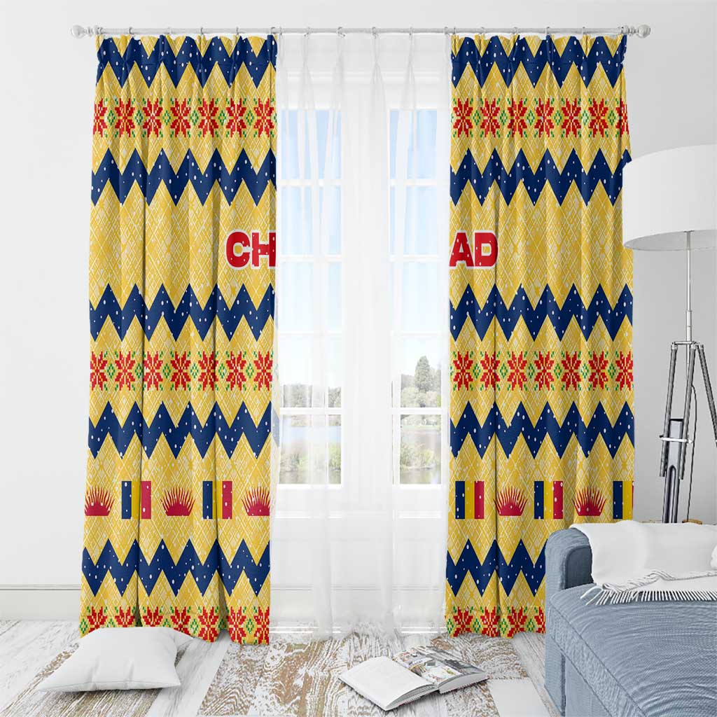 Chad Christmas Window Curtain with Yellow-Blue Geometric Design, National Coat of Arms, and Festive Motif - Wonder Print Shop
