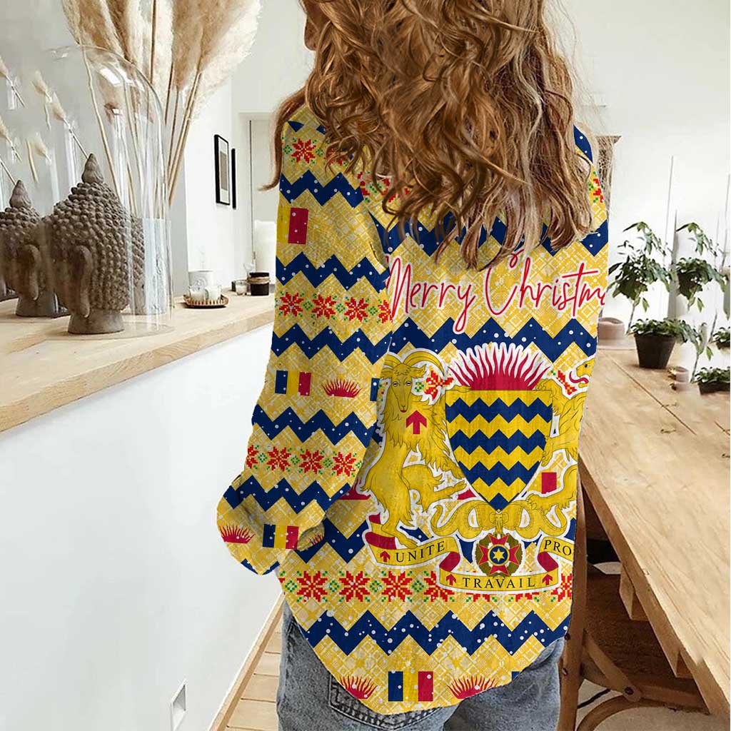 Chad Christmas Women Casual Shirt with Yellow-Blue Geometric Design, National Coat of Arms, and Festive Motif - Wonder Print Shop
