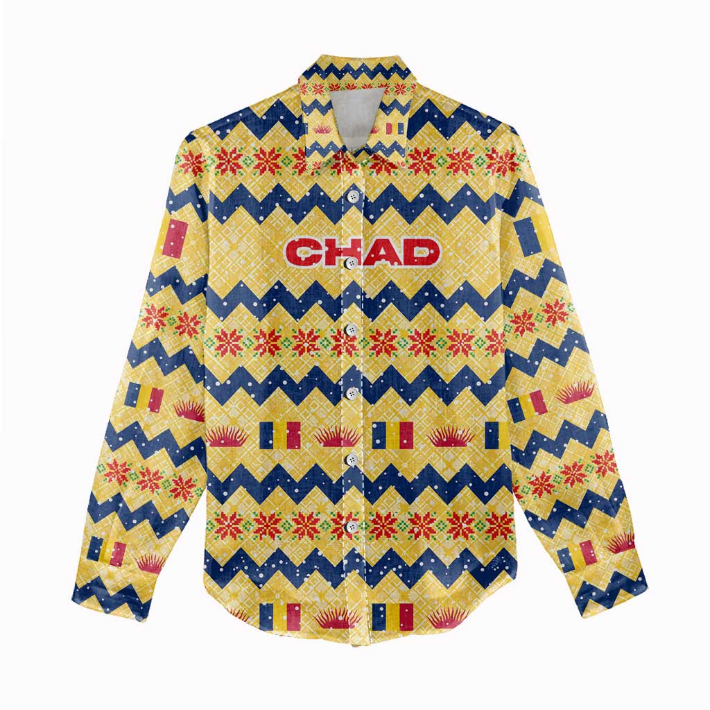 Chad Christmas Women Casual Shirt with Yellow-Blue Geometric Design, National Coat of Arms, and Festive Motif - Wonder Print Shop