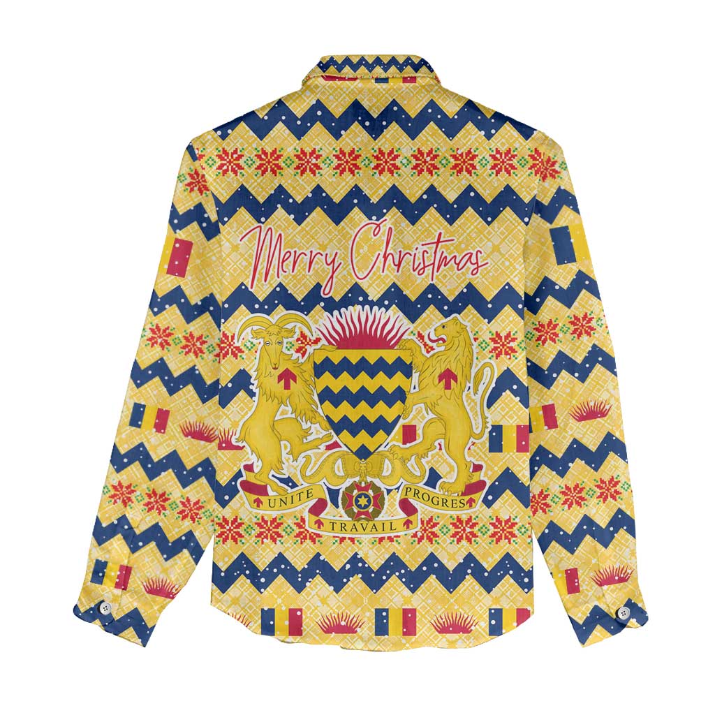 Chad Christmas Women Casual Shirt with Yellow-Blue Geometric Design, National Coat of Arms, and Festive Motif - Wonder Print Shop