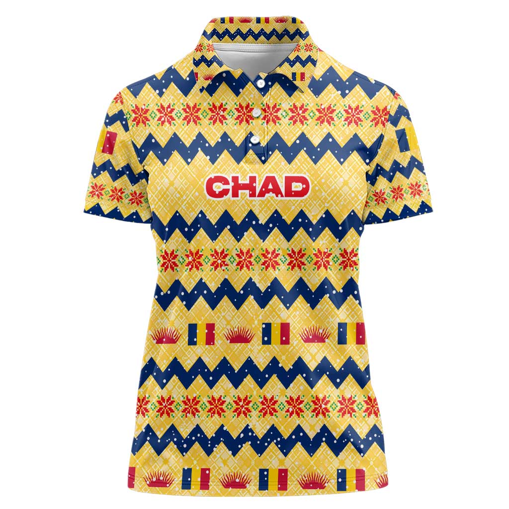 Chad Christmas Women Polo Shirt with Yellow-Blue Geometric Design, National Coat of Arms, and Festive Motif - Wonder Print Shop