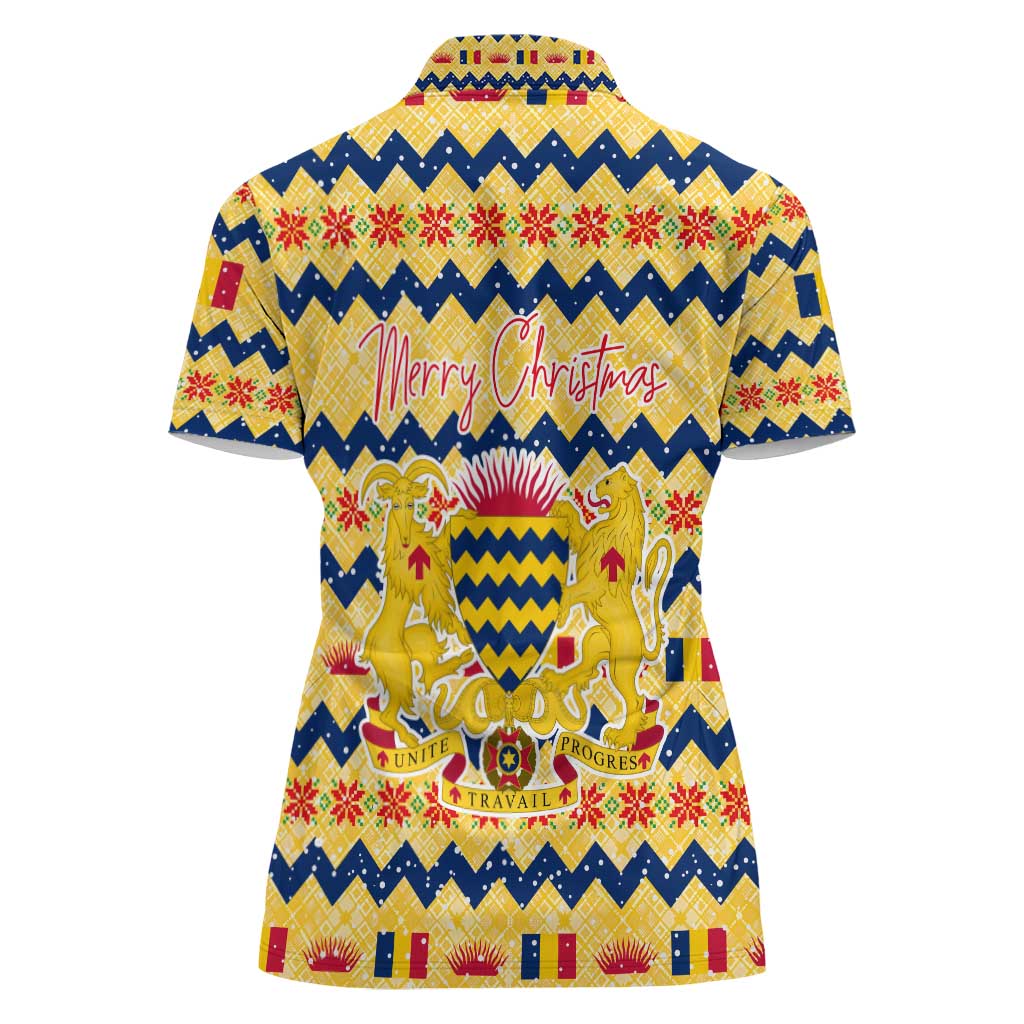Chad Christmas Women Polo Shirt with Yellow-Blue Geometric Design, National Coat of Arms, and Festive Motif - Wonder Print Shop