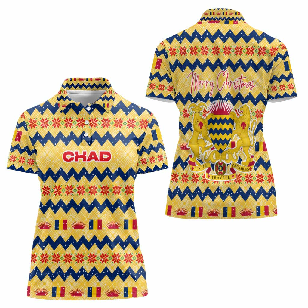 Chad Christmas Women Polo Shirt with Yellow-Blue Geometric Design, National Coat of Arms, and Festive Motif - Wonder Print Shop