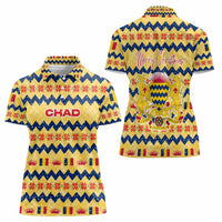 Chad Christmas Women Polo Shirt with Yellow-Blue Geometric Design, National Coat of Arms, and Festive Motif - Wonder Print Shop