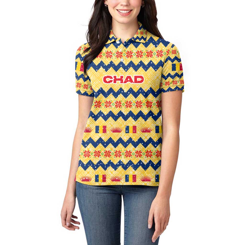 Chad Christmas Women Polo Shirt with Yellow-Blue Geometric Design, National Coat of Arms, and Festive Motif - Wonder Print Shop