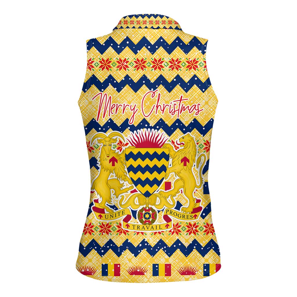 Chad Christmas Women Sleeveless Polo Shirt with Yellow-Blue Geometric Design, National Coat of Arms, and Festive Motif - Wonder Print Shop