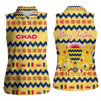 Chad Christmas Women Sleeveless Polo Shirt with Yellow-Blue Geometric Design, National Coat of Arms, and Festive Motif - Wonder Print Shop