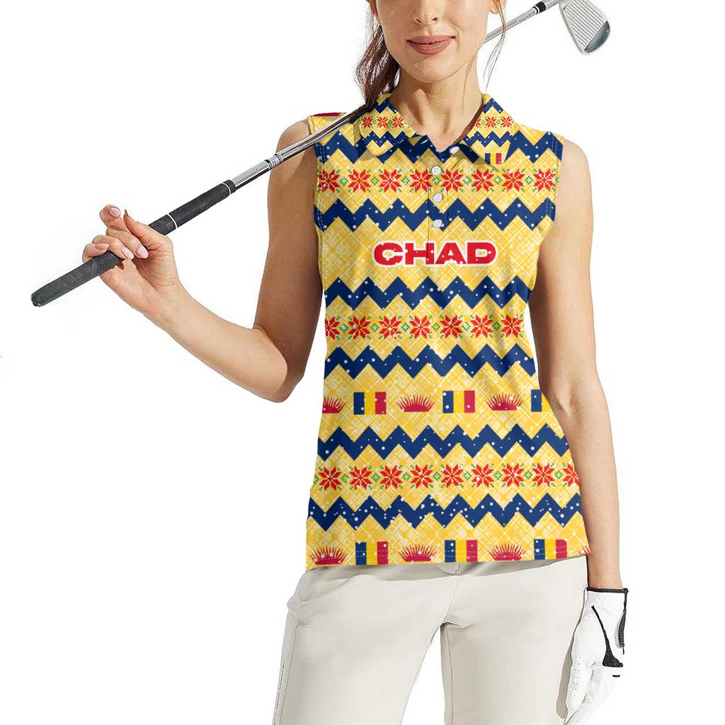 Chad Christmas Women Sleeveless Polo Shirt with Yellow-Blue Geometric Design, National Coat of Arms, and Festive Motif - Wonder Print Shop