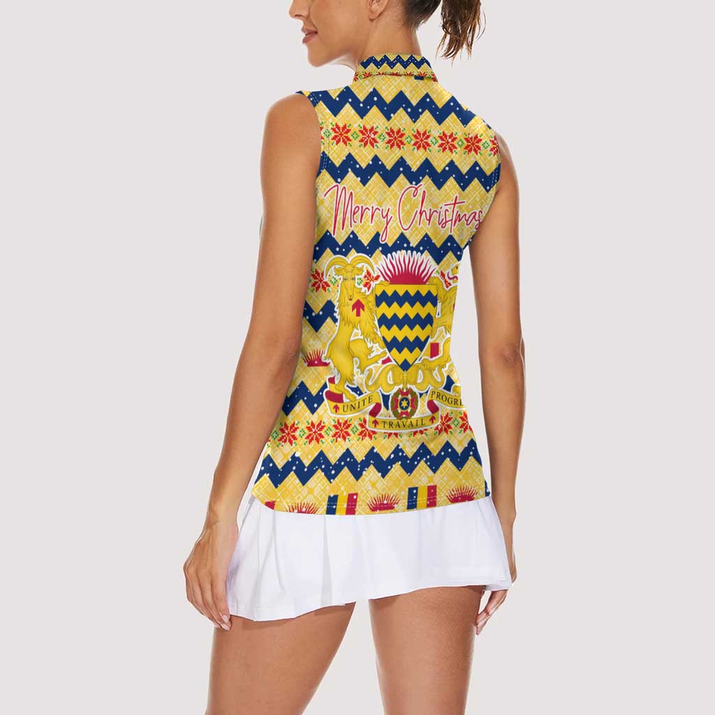 Chad Christmas Women Sleeveless Polo Shirt with Yellow-Blue Geometric Design, National Coat of Arms, and Festive Motif - Wonder Print Shop