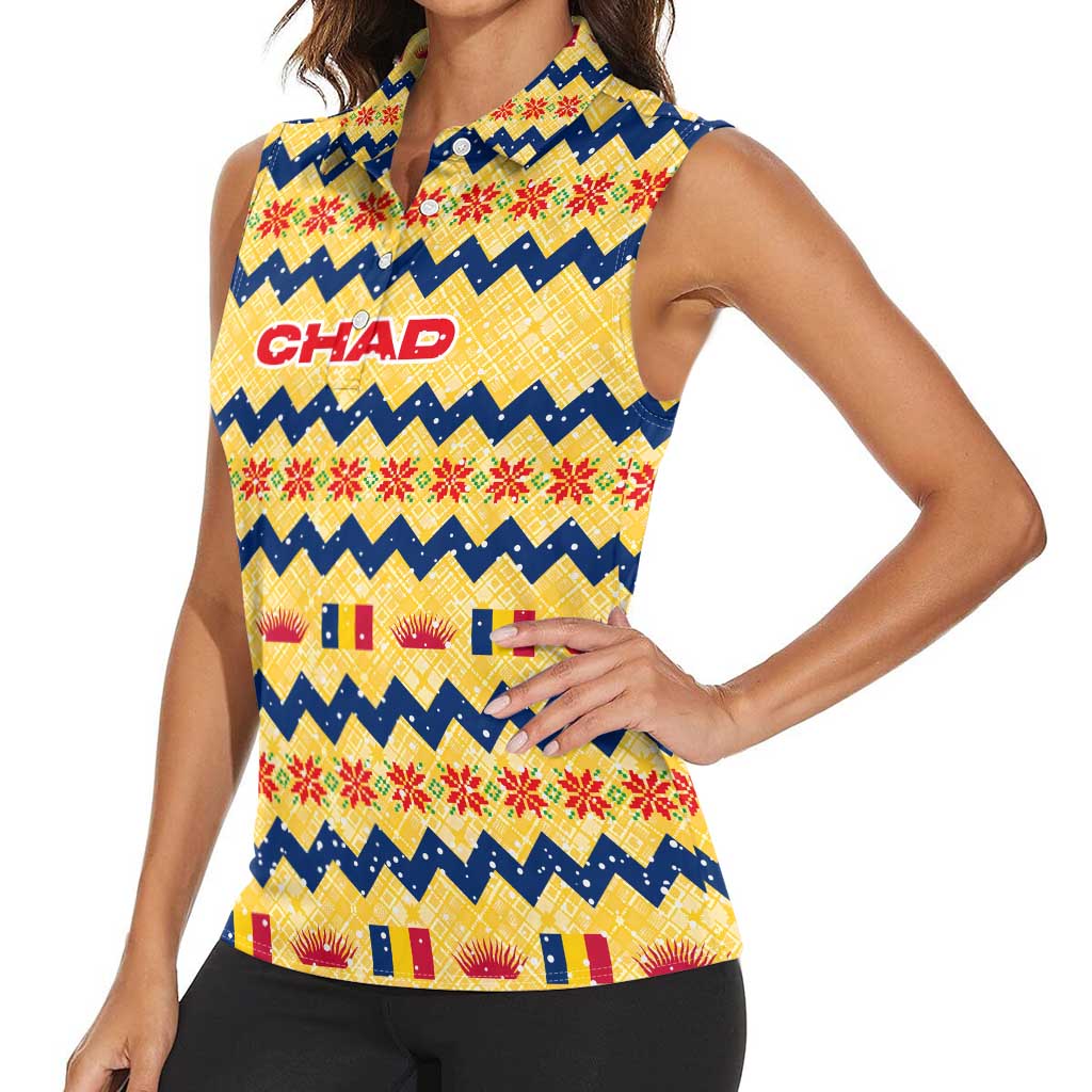 Chad Christmas Women Sleeveless Polo Shirt with Yellow-Blue Geometric Design, National Coat of Arms, and Festive Motif - Wonder Print Shop