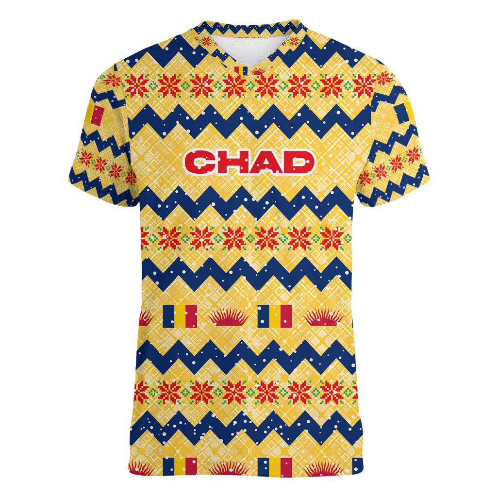 Chad Christmas Women V-Neck T-Shirt with Yellow-Blue Geometric Design, National Coat of Arms, and Festive Motif - Wonder Print Shop