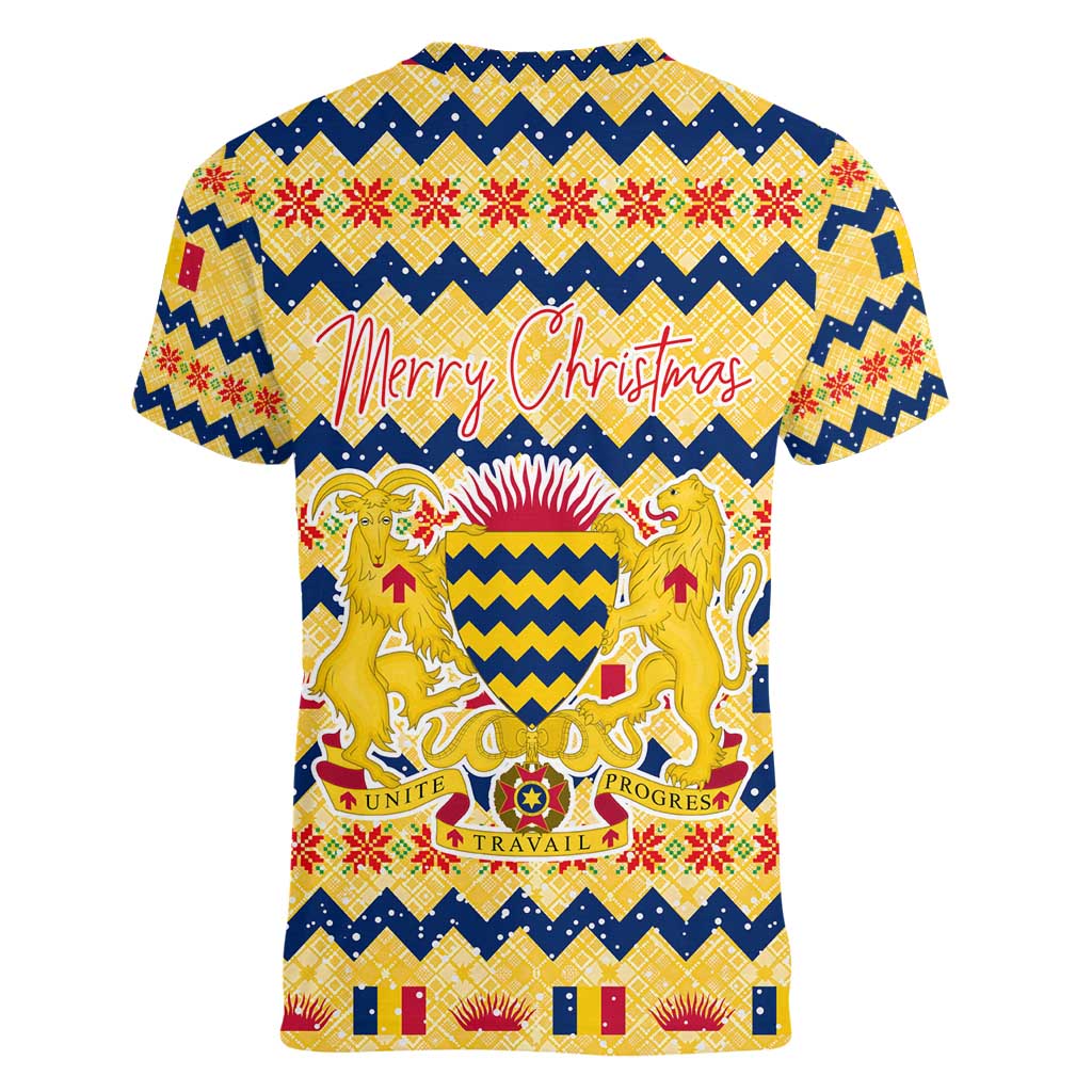 Chad Christmas Women V-Neck T-Shirt with Yellow-Blue Geometric Design, National Coat of Arms, and Festive Motif - Wonder Print Shop