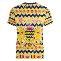 Chad Christmas Women V-Neck T-Shirt with Yellow-Blue Geometric Design, National Coat of Arms, and Festive Motif - Wonder Print Shop