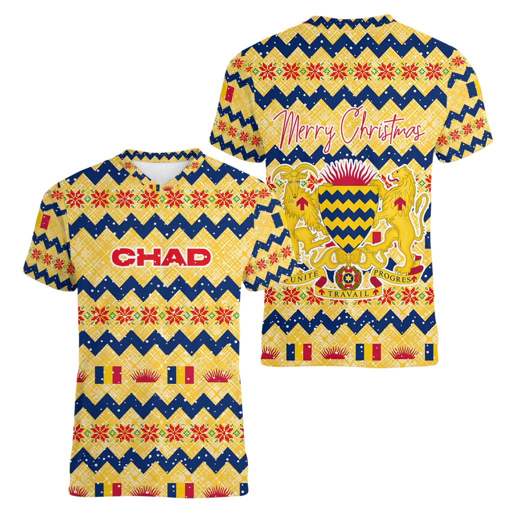 Chad Christmas Women V-Neck T-Shirt with Yellow-Blue Geometric Design, National Coat of Arms, and Festive Motif - Wonder Print Shop