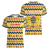 Chad Christmas Women V-Neck T-Shirt with Yellow-Blue Geometric Design, National Coat of Arms, and Festive Motif - Wonder Print Shop