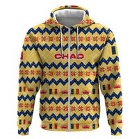 Chad Christmas Zip Hoodie with Yellow-Blue Geometric Design, National Coat of Arms, and Festive Motif - Wonder Print Shop