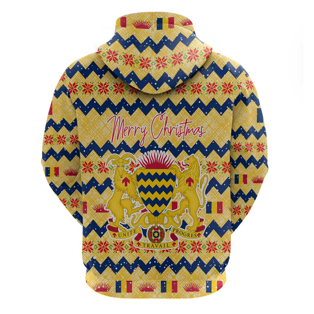 Chad Christmas Zip Hoodie with Yellow-Blue Geometric Design, National Coat of Arms, and Festive Motif - Wonder Print Shop