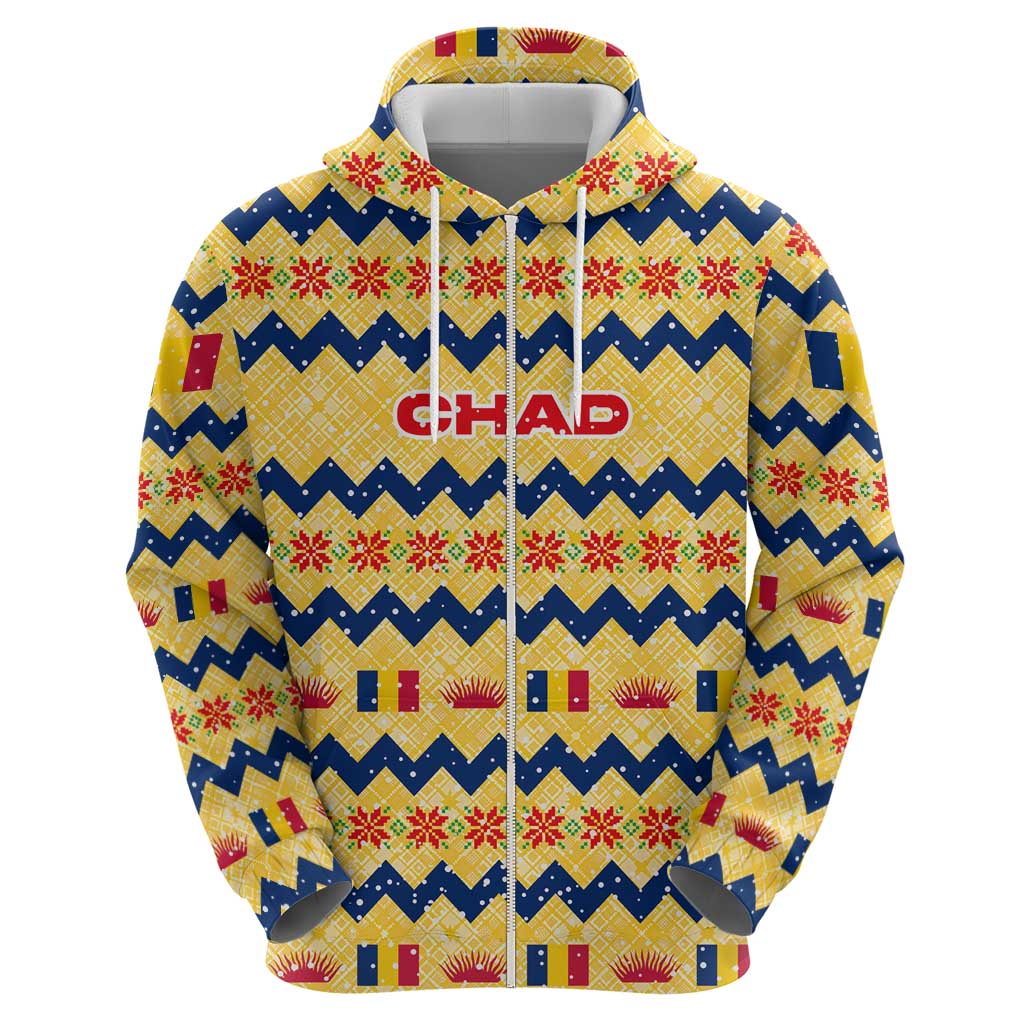 Chad Christmas Zip Hoodie with Yellow-Blue Geometric Design, National Coat of Arms, and Festive Motif - Wonder Print Shop