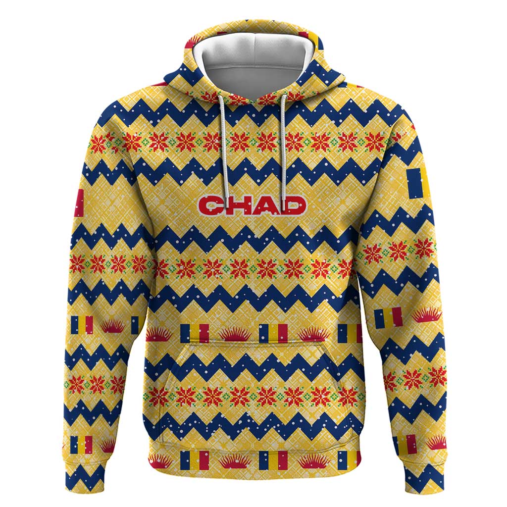 Chad Christmas Zip Hoodie with Yellow-Blue Geometric Design, National Coat of Arms, and Festive Motif - Wonder Print Shop