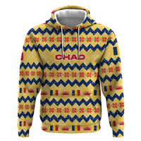 Chad Christmas Zip Hoodie with Yellow-Blue Geometric Design, National Coat of Arms, and Festive Motif - Wonder Print Shop