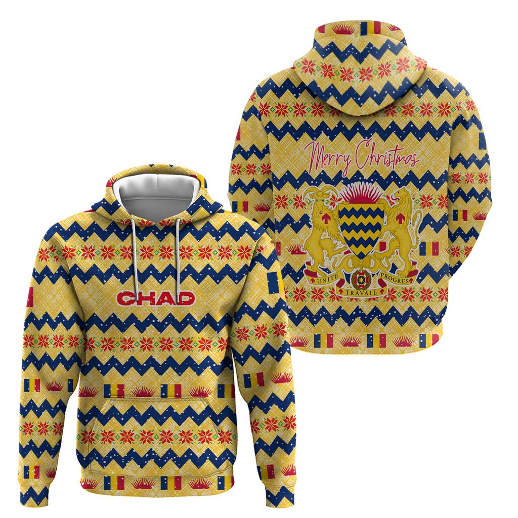 Chad Christmas Zip Hoodie with Yellow-Blue Geometric Design, National Coat of Arms, and Festive Motif - Wonder Print Shop