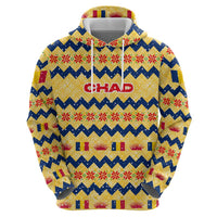 Chad Christmas Zip Hoodie with Yellow-Blue Geometric Design, National Coat of Arms, and Festive Motif - Wonder Print Shop