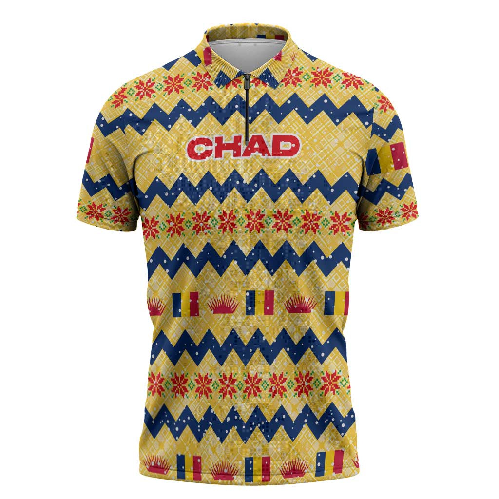 Chad Christmas Zipper Polo Shirt with Yellow-Blue Geometric Design, National Coat of Arms, and Festive Motif - Wonder Print Shop