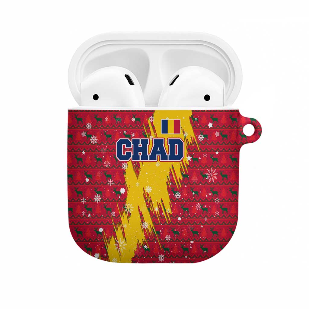 Chad Christmas AirPods Case with Red-Yellow Festive Pattern, National Coat of Arms, and Snowflake Accents - Wonder Print Shop