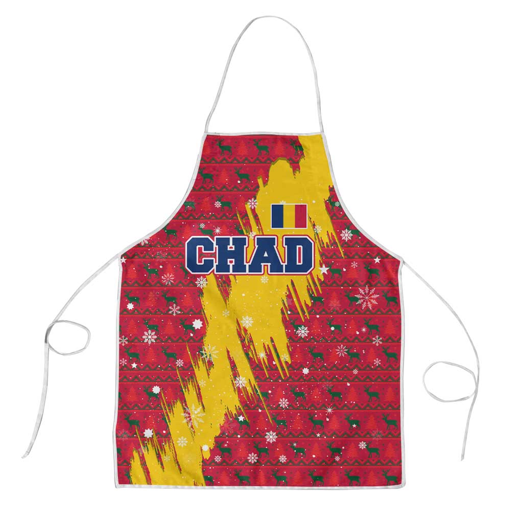 Chad Christmas Apron with Red-Yellow Festive Pattern, National Coat of Arms, and Snowflake Accents - Wonder Print Shop
