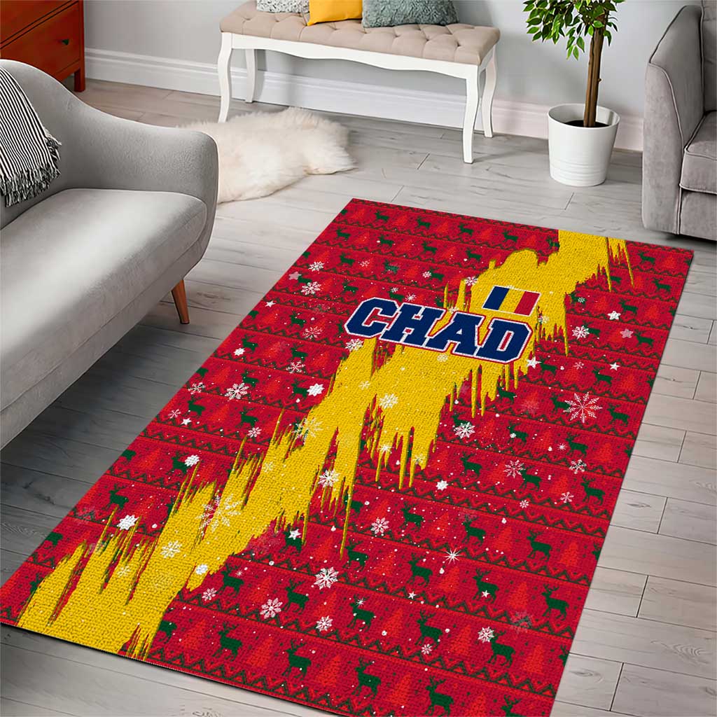 Chad Christmas Area Rug with Red-Yellow Festive Pattern, National Coat of Arms, and Snowflake Accents - Wonder Print Shop