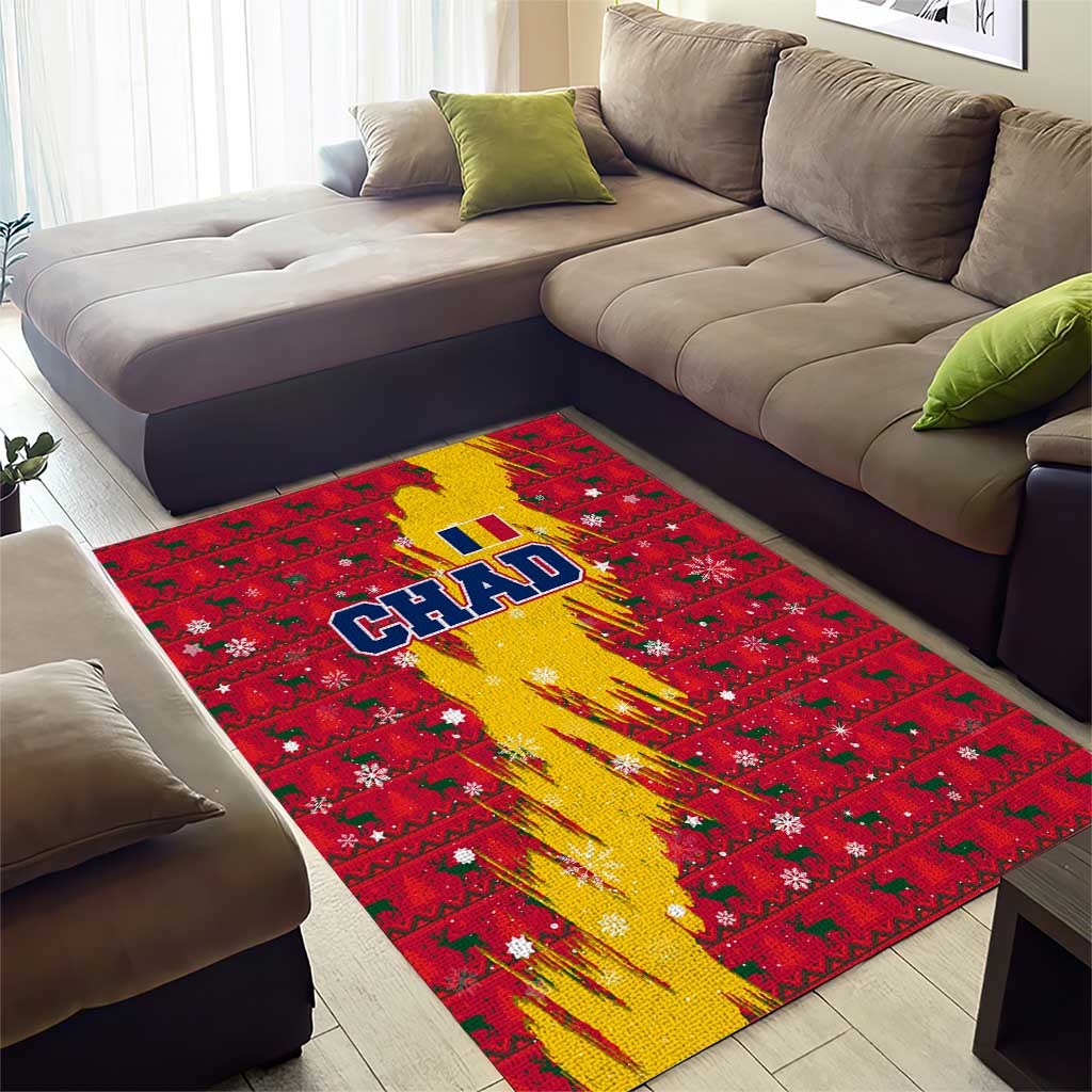 Chad Christmas Area Rug with Red-Yellow Festive Pattern, National Coat of Arms, and Snowflake Accents - Wonder Print Shop
