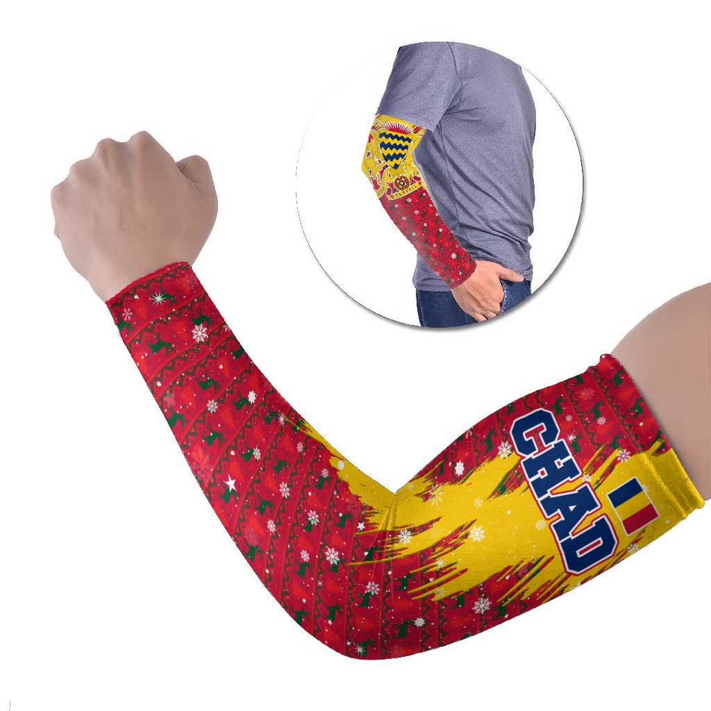 Chad Christmas Arm Sleeves with Red-Yellow Festive Pattern, National Coat of Arms, and Snowflake Accents - Wonder Print Shop