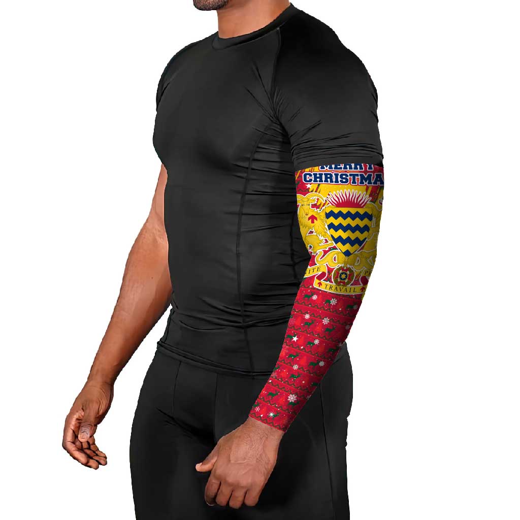 Chad Christmas Arm Sleeves with Red-Yellow Festive Pattern, National Coat of Arms, and Snowflake Accents - Wonder Print Shop