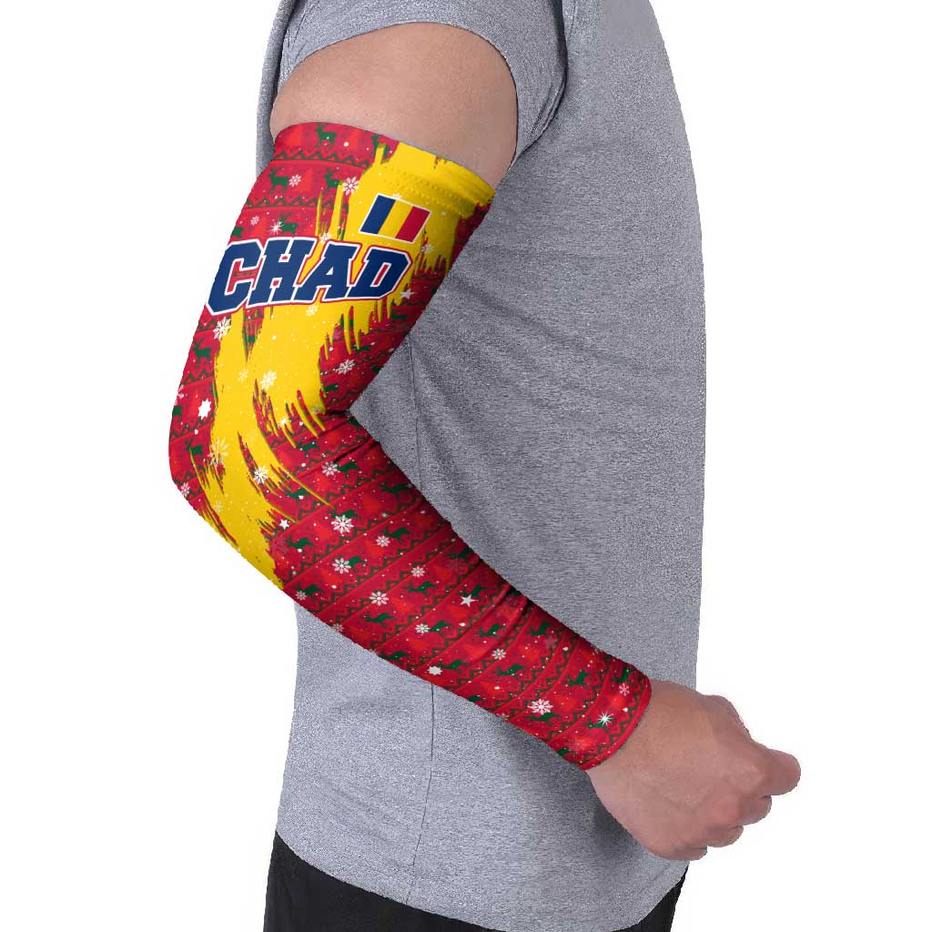 Chad Christmas Arm Sleeves with Red-Yellow Festive Pattern, National Coat of Arms, and Snowflake Accents - Wonder Print Shop