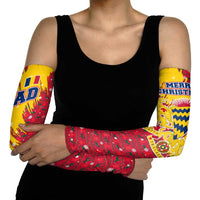 Chad Christmas Arm Sleeves with Red-Yellow Festive Pattern, National Coat of Arms, and Snowflake Accents - Wonder Print Shop