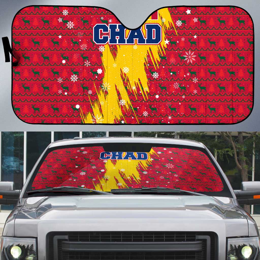 Chad Christmas Auto Sun Shade with Red-Yellow Festive Pattern, National Coat of Arms, and Snowflake Accents - Wonder Print Shop
