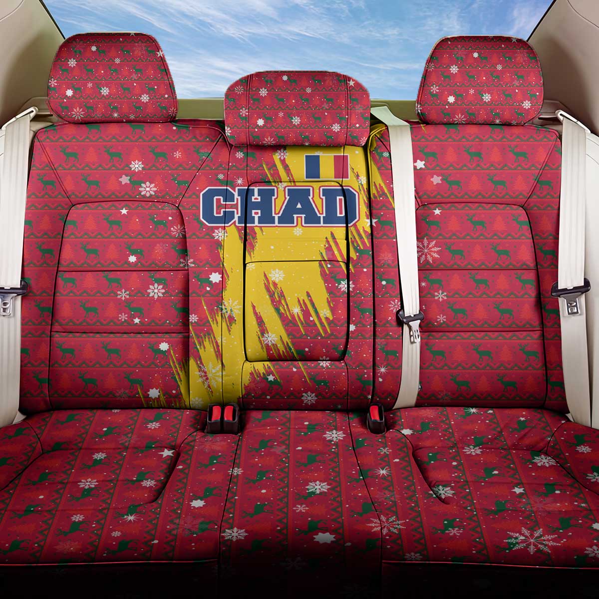 Chad Christmas Back Car Seat Cover with Red-Yellow Festive Pattern, National Coat of Arms, and Snowflake Accents - Wonder Print Shop