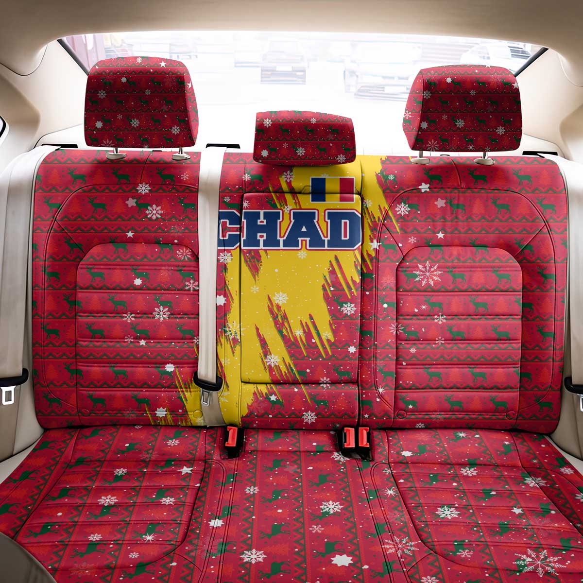 Chad Christmas Back Car Seat Cover with Red-Yellow Festive Pattern, National Coat of Arms, and Snowflake Accents - Wonder Print Shop
