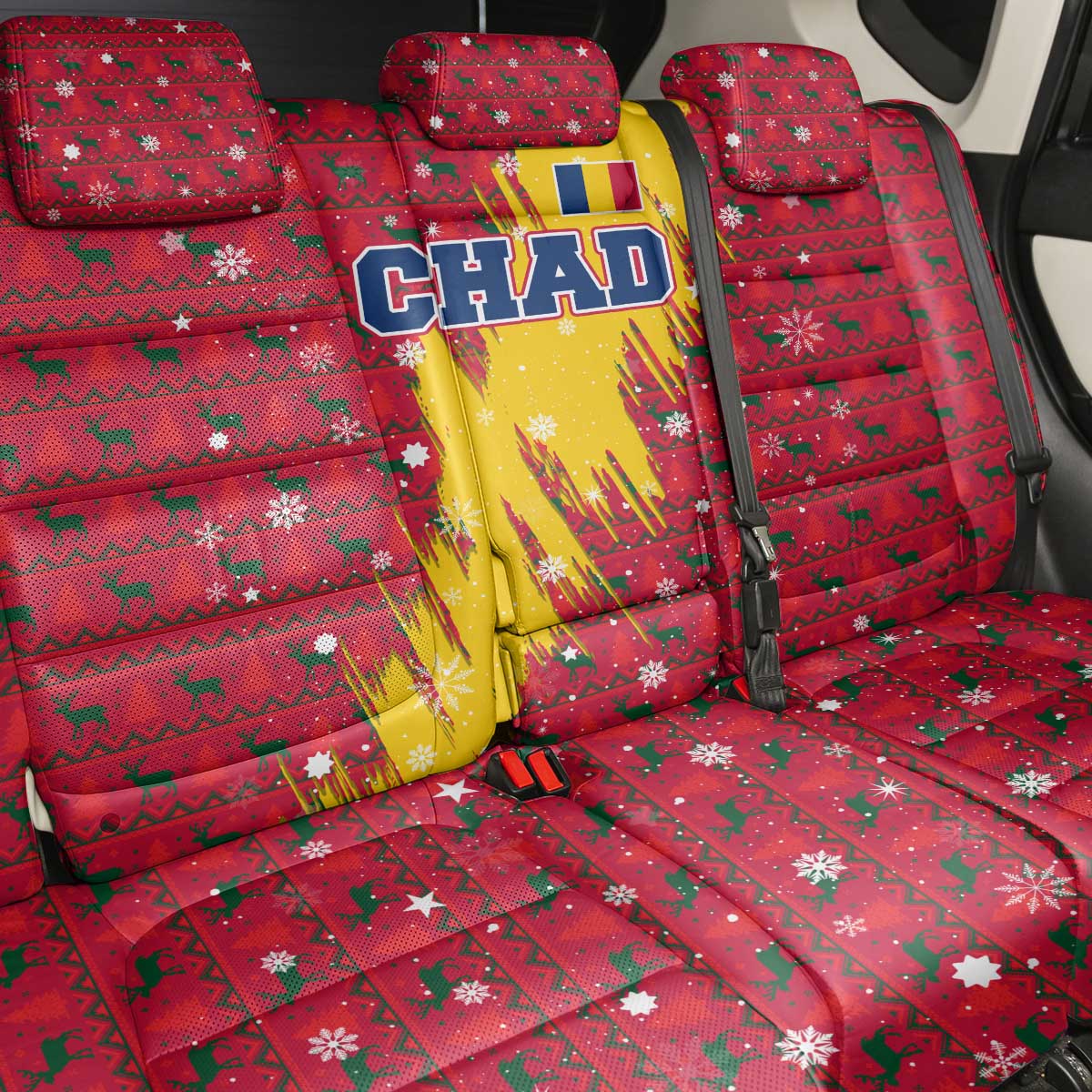 Chad Christmas Back Car Seat Cover with Red-Yellow Festive Pattern, National Coat of Arms, and Snowflake Accents - Wonder Print Shop