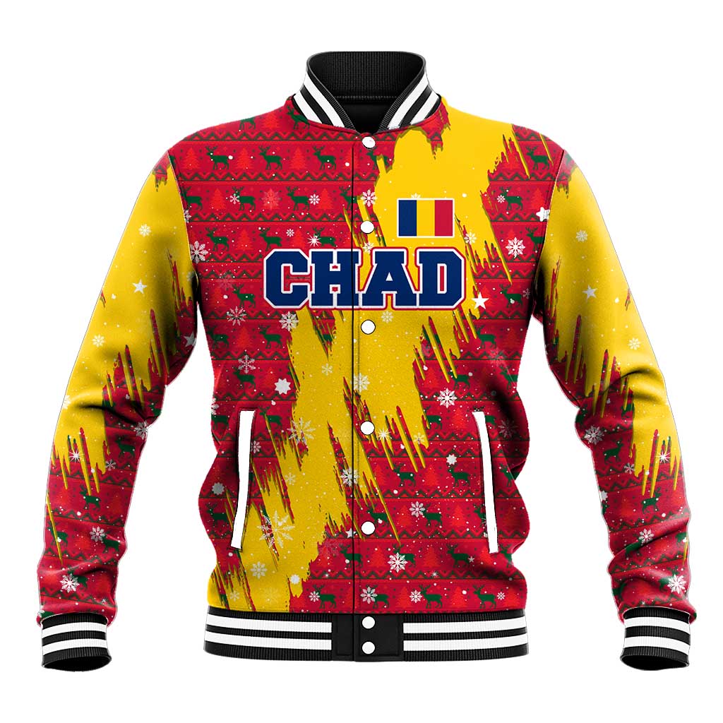 Chad Christmas Baseball Jacket with Red-Yellow Festive Pattern, National Coat of Arms, and Snowflake Accents - Wonder Print Shop