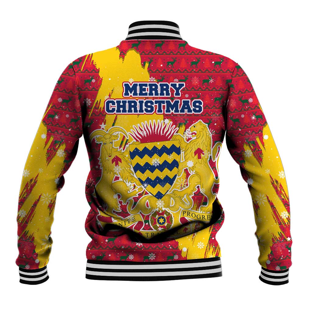 Chad Christmas Baseball Jacket with Red-Yellow Festive Pattern, National Coat of Arms, and Snowflake Accents - Wonder Print Shop