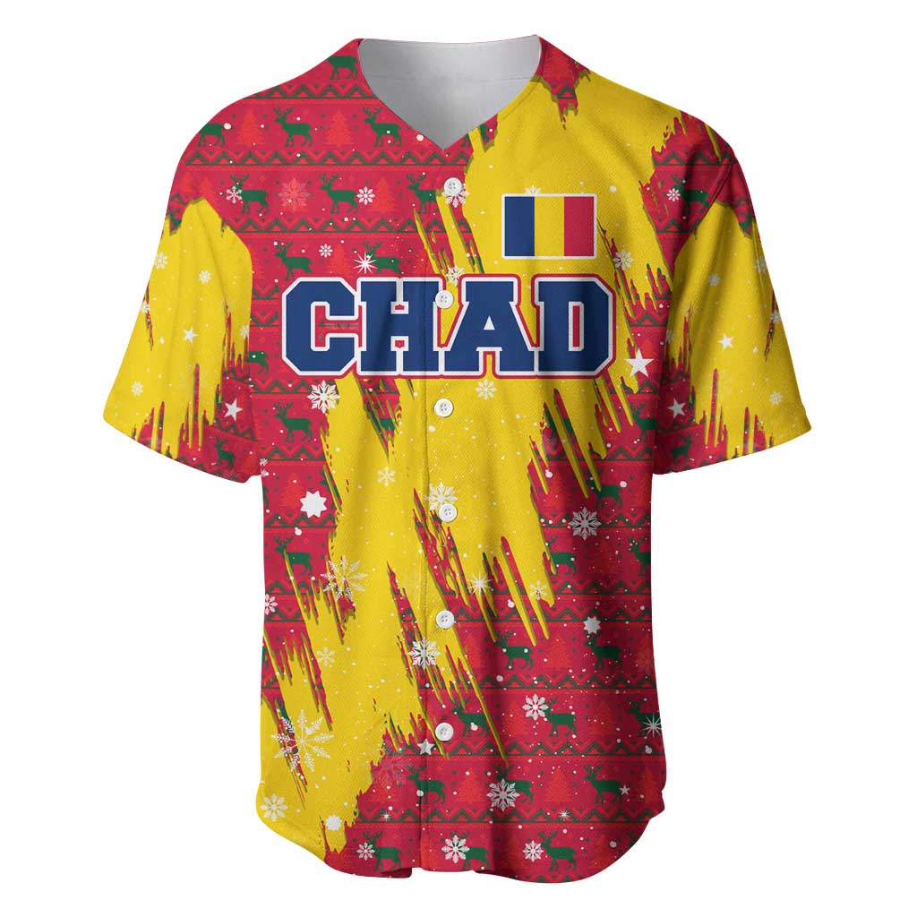Chad Christmas Baseball Jersey with Red-Yellow Festive Pattern, National Coat of Arms, and Snowflake Accents - Wonder Print Shop