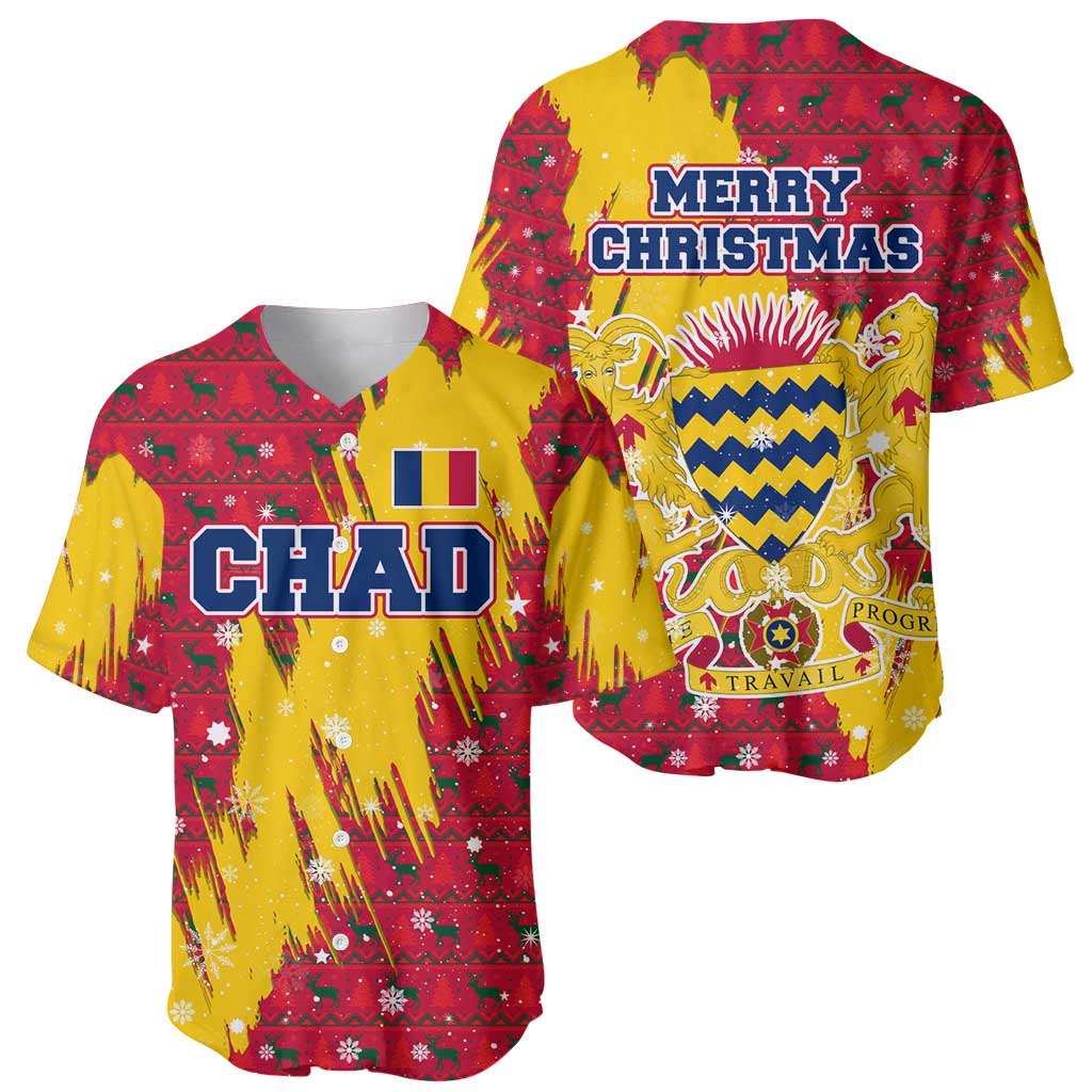 Chad Christmas Baseball Jersey with Red-Yellow Festive Pattern, National Coat of Arms, and Snowflake Accents - Wonder Print Shop