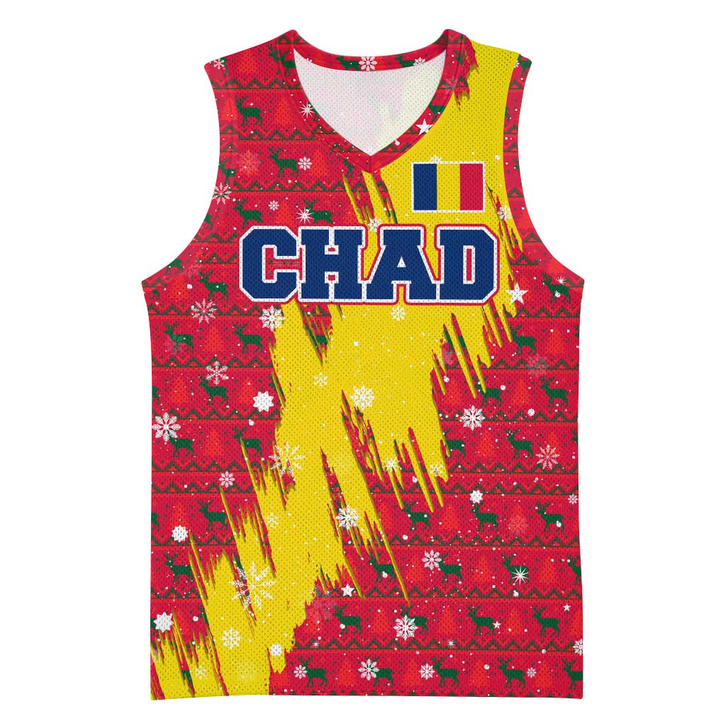 Chad Christmas Basketball Jersey with Red-Yellow Festive Pattern, National Coat of Arms, and Snowflake Accents - Wonder Print Shop